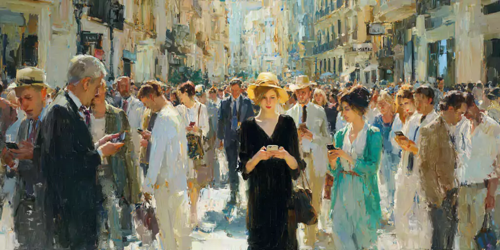 A calm figure in a tense crowd contrasts Christlike peace with outrage culture.