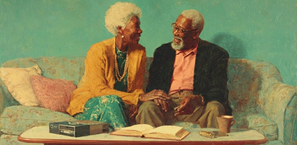An older couple shares stories during an interview, highlighting faith and resilience in black marriages.