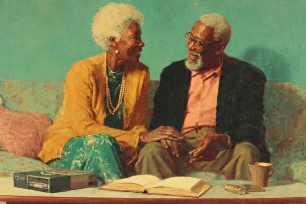 An older couple shares stories during an interview, highlighting faith and resilience in black marriages.