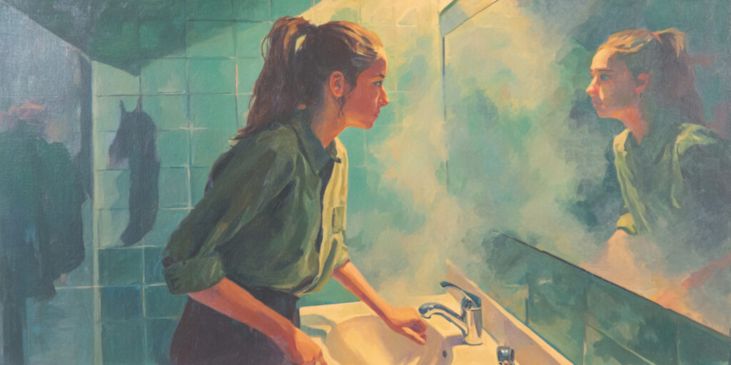 A woman faces body image anxiety in a church restroom.