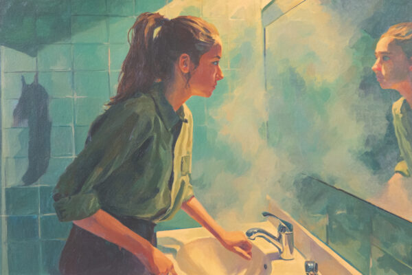 A woman faces body image anxiety in a church restroom.