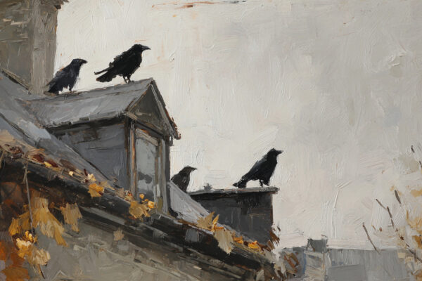 A roofline under gray skies with several crows perched along the ridge, one crow pecking near a skylight, a gutter visibly clogged with wet leaves and peanut shells, early morning light. Peacemaking grows harder when daily irritations pile up like debris.