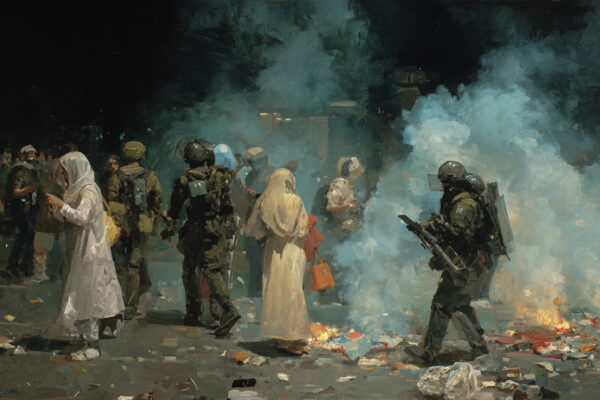 Civil unrest in Iran is depicted. Foreign intervention debates begin when visibility is forcibly erased.