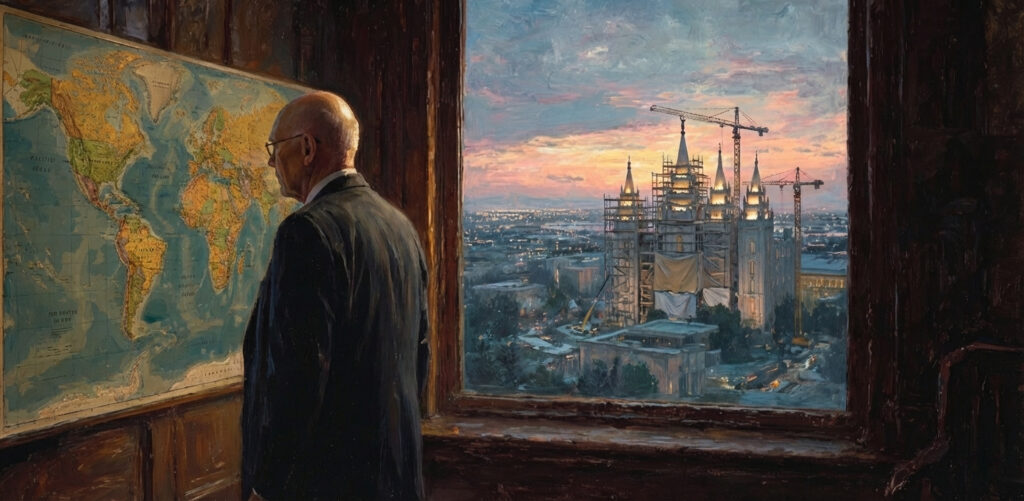 A leader in a quiet office beside a map, considering church political neutrality during a crisis.