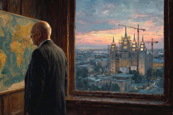 A leader in a quiet office beside a map, considering church political neutrality during a crisis.