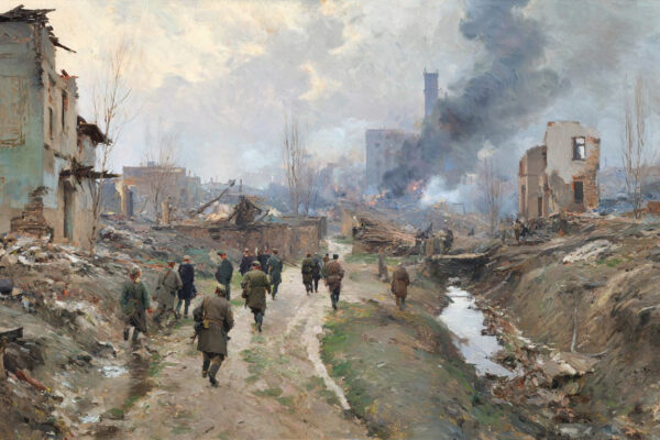 A shelled village street with collapsed walls, drifting smoke, and civilians running toward a shallow ditch as distant artillery flashes. Just War Theory centers the protection of noncombatants in war.