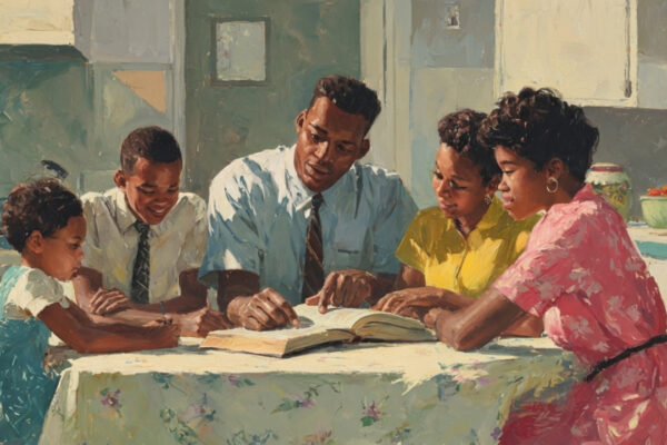 A young Black family gathers around the kitchen table studying from the scriptures, showing how families cope with racism through faith.
