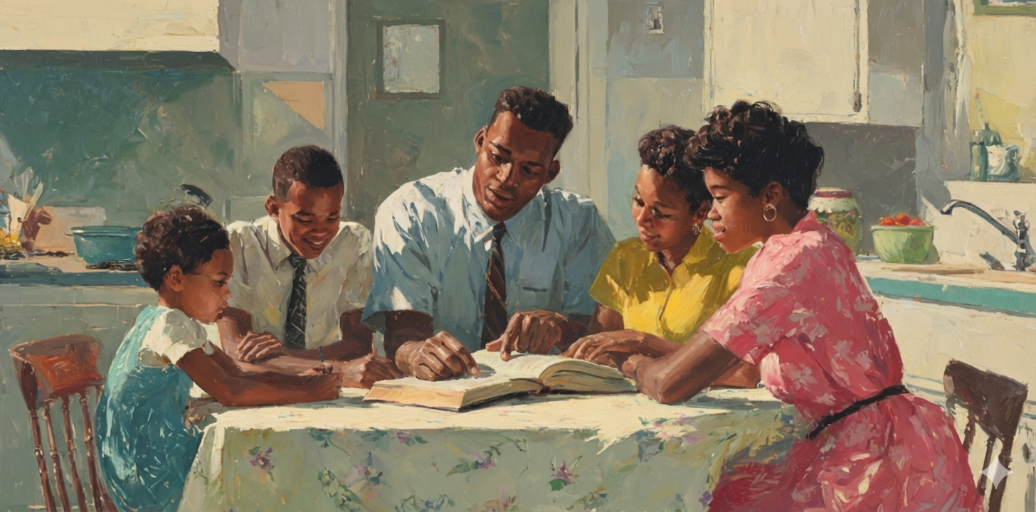 A young Black family gathers around the kitchen table studying from the scriptures, showing how families cope with racism through faith.