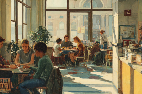 A public library after school, teens playing board games at a table, a phone basket on a counter, bookshelves behind, sunlight through windows, relaxed faces and conversation. Social media regulation pairs with offline institutions that make real community easier.