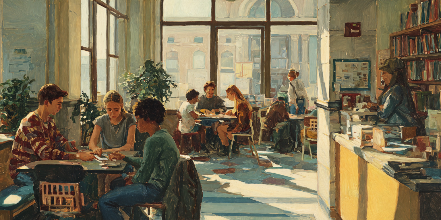 A public library after school, teens playing board games at a table, a phone basket on a counter, bookshelves behind, sunlight through windows, relaxed faces and conversation. Social media regulation pairs with offline institutions that make real community easier.