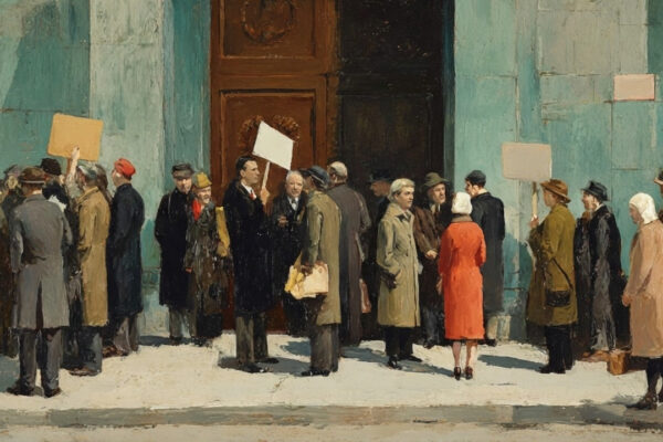 Demonstrators remain outside as worshippers enter, contrasting peaceful dissent with protests in church.