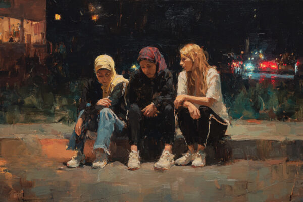 A Muslim woman, a modern Orthodox Jewish woman, and a Latter-day Saint woman, sit on a curb and comfort one another amidst religious persecution.