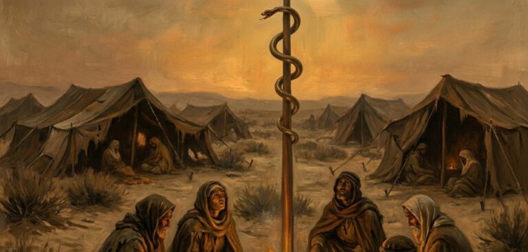 A desert campsite at dusk where a bronze serpent on a tall pole rises above scattered tents while weary people look up from the sand. The brass serpent stands as a sacred symbol meant to point worship toward Christ.