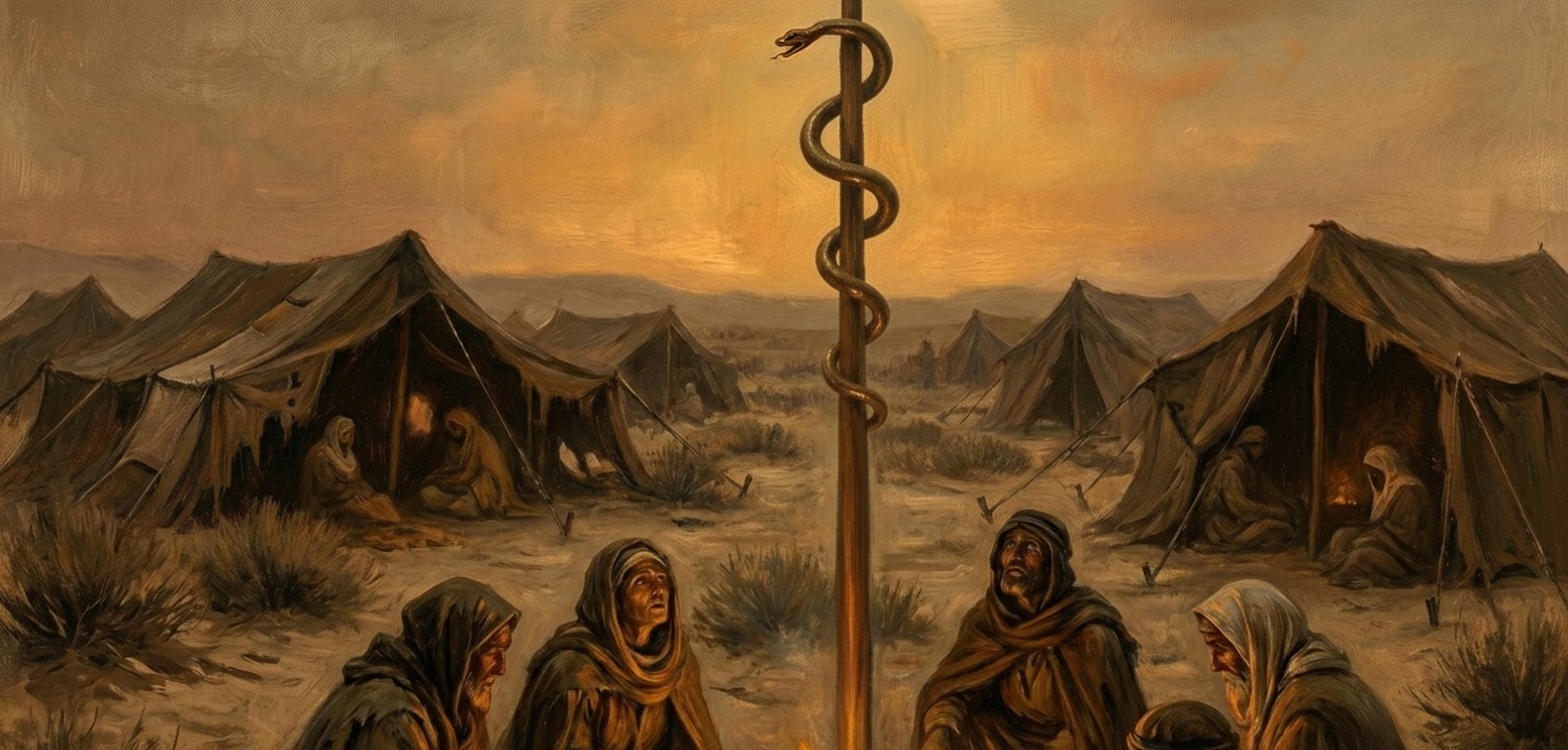 A desert campsite at dusk where a bronze serpent on a tall pole rises above scattered tents while weary people look up from the sand. The brass serpent stands as a sacred symbol meant to point worship toward Christ.