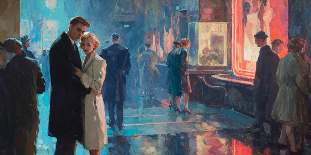 A behind-the-scenes moment of melancholy intimacy on a film set, showing the sad state of marriage in movies.