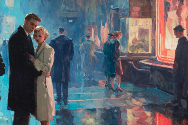 A behind-the-scenes moment of melancholy intimacy on a film set, showing the sad state of marriage in movies.