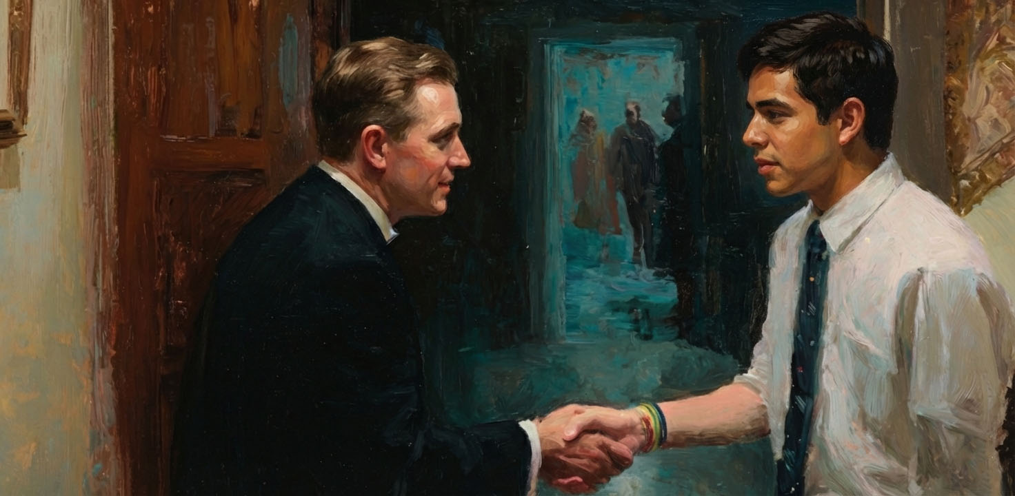 A church leader greets a young LGBT man with kindness in a chapel hallway, reflecting tensions surrounding David Archuleta’s Devout.