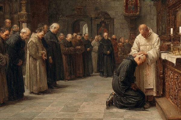 Medieval parishioners receive ashes on Ash Wednesday in a candlelit church.