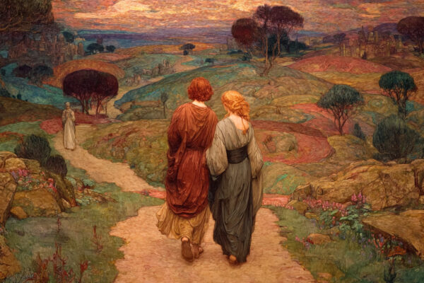 Adam and Eve walk toward a stranger in the distance. In the fallen world, Adam and Eve had to learn how to discern truth.