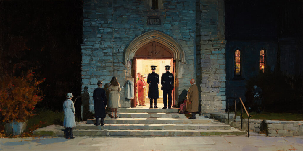 A church entryway at night with a few congregants pausing on the steps as uniformed officers stand nearby, their faces neutral, the doorway brightly lit against deep shadows. A guarded place of worship suggests canada freedom of expression and faith under legal uncertainty.