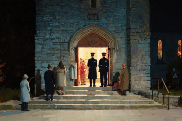 A church entryway at night with a few congregants pausing on the steps as uniformed officers stand nearby, their faces neutral, the doorway brightly lit against deep shadows. A guarded place of worship suggests canada freedom of expression and faith under legal uncertainty.