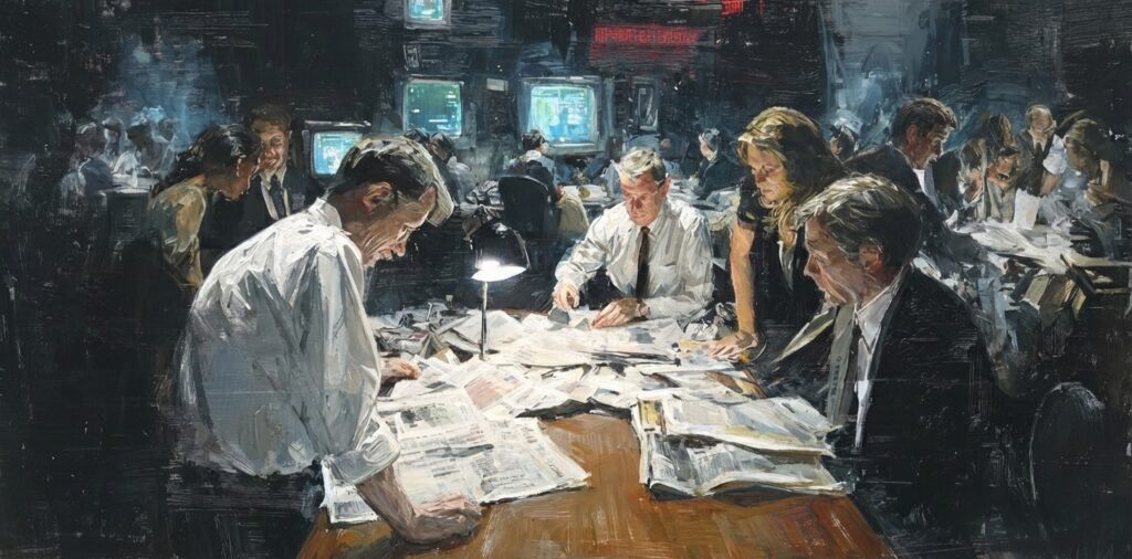 Reporters sift redacted pages after the Epstein files release.