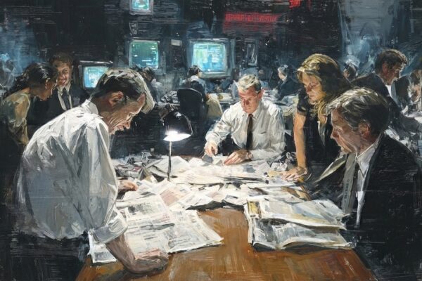 Reporters sift redacted pages after the Epstein files release.