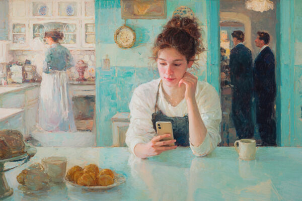 A young latter-day saint mom sits in her kitchen reads an article reflecting anti-mormon media bias on her phone.