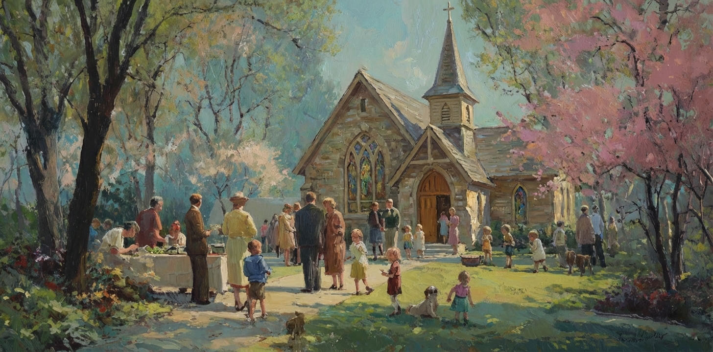 Congregants gather for a lively potluck after Sunday services, showing the way organized religion allows for community building.