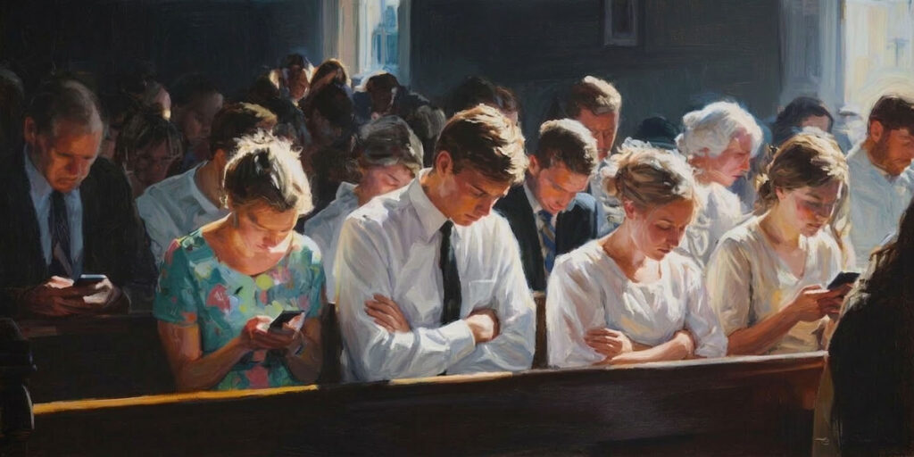 A family bows in prayer as nearby worshippers look at smartphones, showing how to be present in a distracted chapel.