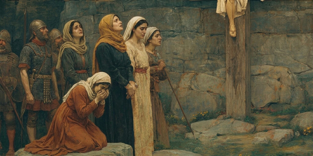 Mary and others stand beneath the cross on Golgotha, reflecting forgiveness in a clearly crucifixion setting.