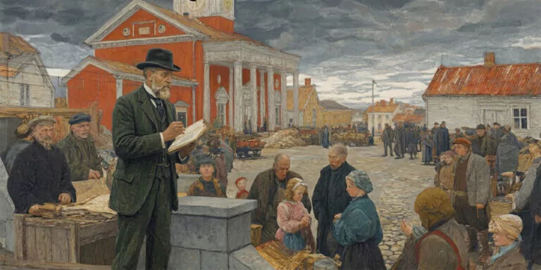 A colonial street preacher speaking in a marketplace evokes religious freedom and the spread of the gospel throughout the world.