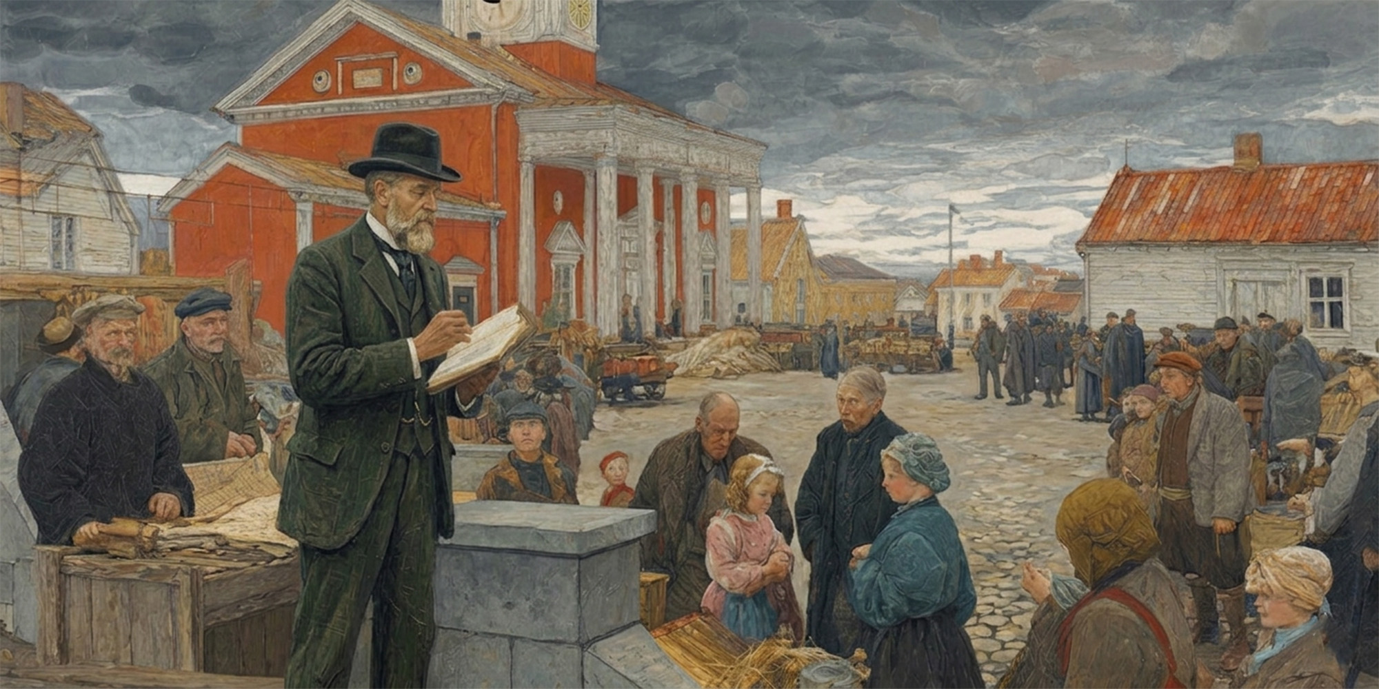 A colonial street preacher speaking in a marketplace evokes religious freedom and the spread of the gospel throughout the world.