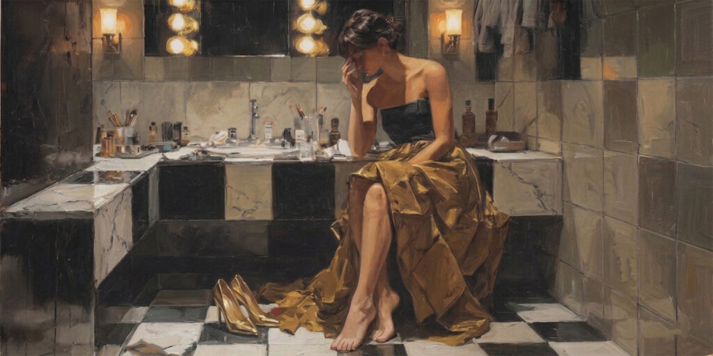 A woman alone after celebration conveys the emptiness behind performance and false liberation in The Secret Lives of Mormon Wives.