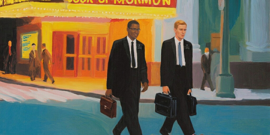 Two missionaries walk past a theater in New York, evoking the tension between service and the Book of Mormon musical.