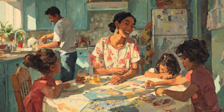 A woman talks with three children at a kitchen table while their father washes dishes behind them, illustrating division of roles and emotional labor in family life.