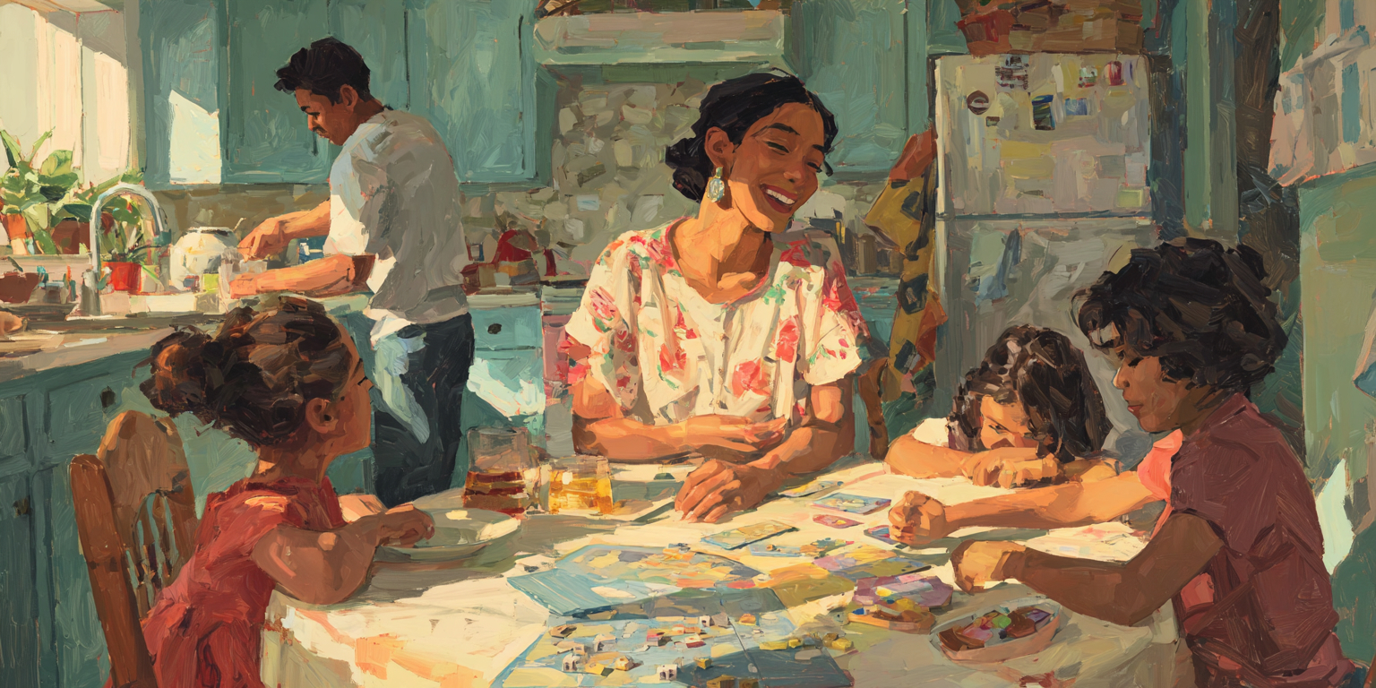 A woman talks with three children at a kitchen table while their father washes dishes behind them, illustrating division of roles and emotional labor in family life.
