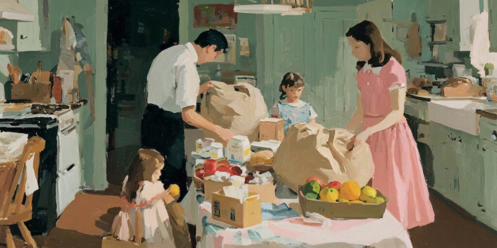 A family putting away groceries shows an ordinary material blessing connected to gratitude and God.