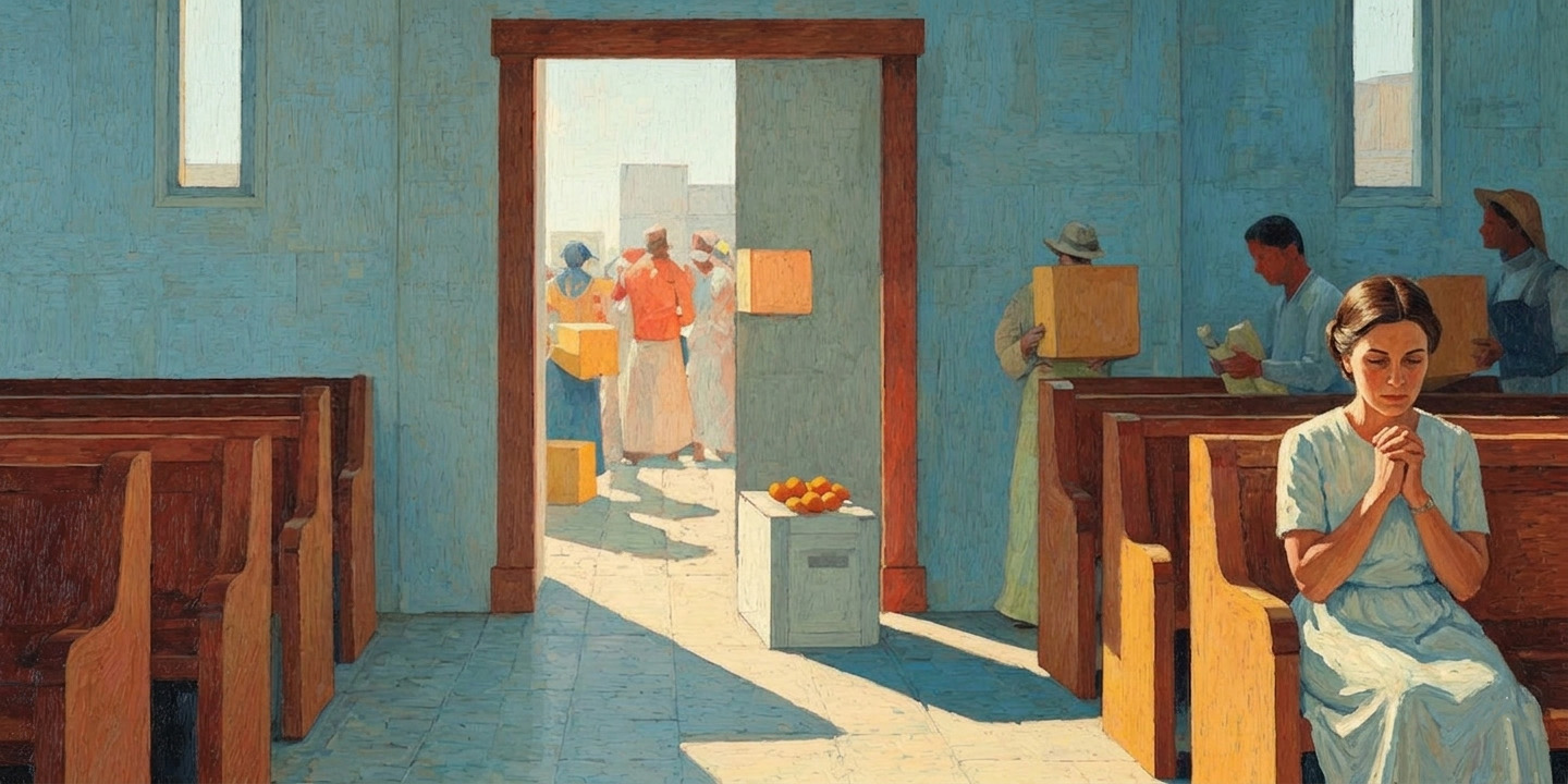 A woman prays in a chapel as others carry food for a food drive outside, showing worship and service as connected acts.