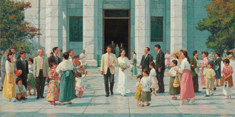 Japanese families gather on a temple plaza as a newly married couple exits, reflecting questions of identity and belonging central to the Mormon Stories lawsuit.