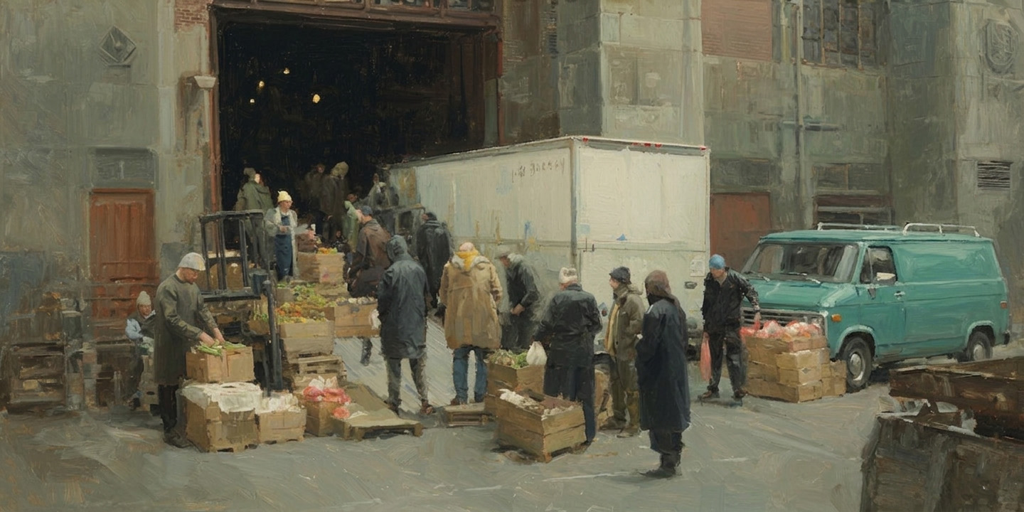 Food moves from a storehouse into community hands, showing soft power through humanitarian work, local trust, and shared effort.