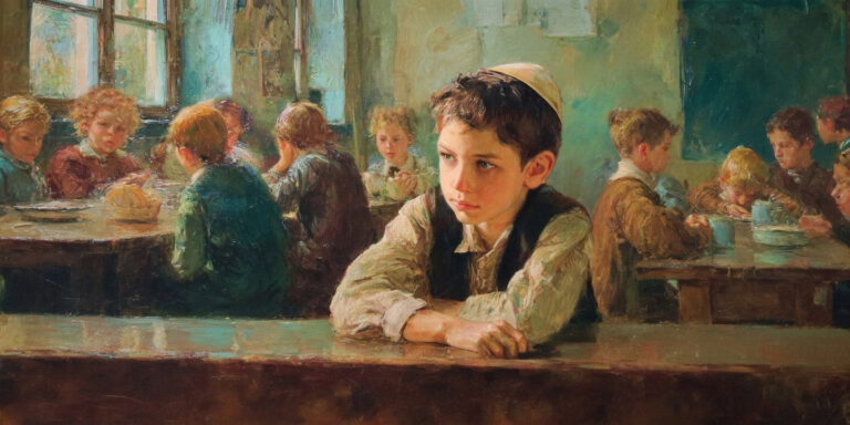 A Jewish student sits apart in a crowded cafeteria, showing how religious minorities can feel visible and isolated at once.