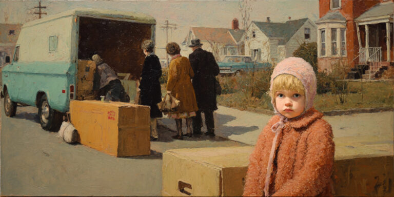 A child stands silently near moving boxes, evoking the hidden burden of childhood sexual abuse.