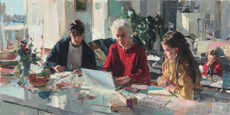 A grandmother watches children use a laptop at a kitchen table, with cards, books, and paper nearby to suggest family balance with AI in education.