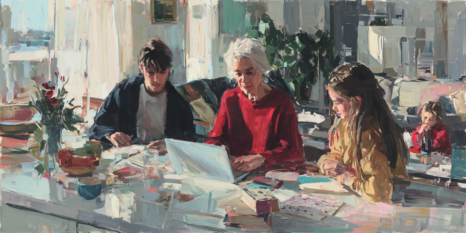 A grandmother watches children use a laptop at a kitchen table, with cards, books, and paper nearby to suggest family balance with AI in education.