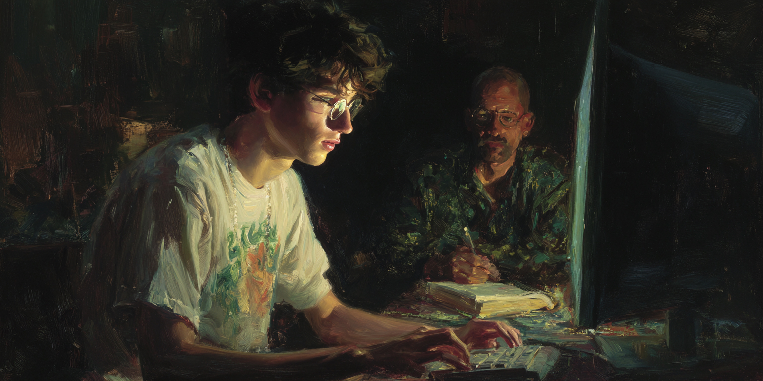 A mentor and young adult consider a glowing screen, representing AI ethics and human wisdom.