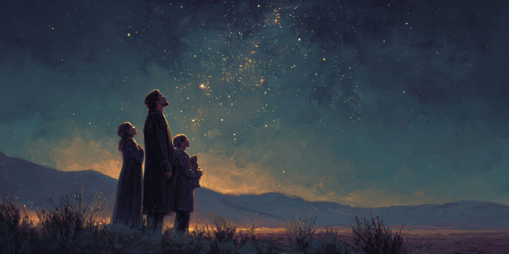 A family stands beneath a star-filled sky with distant mysterious lights, evoking aliens and religion through wonder, creation, and cosmic scale.