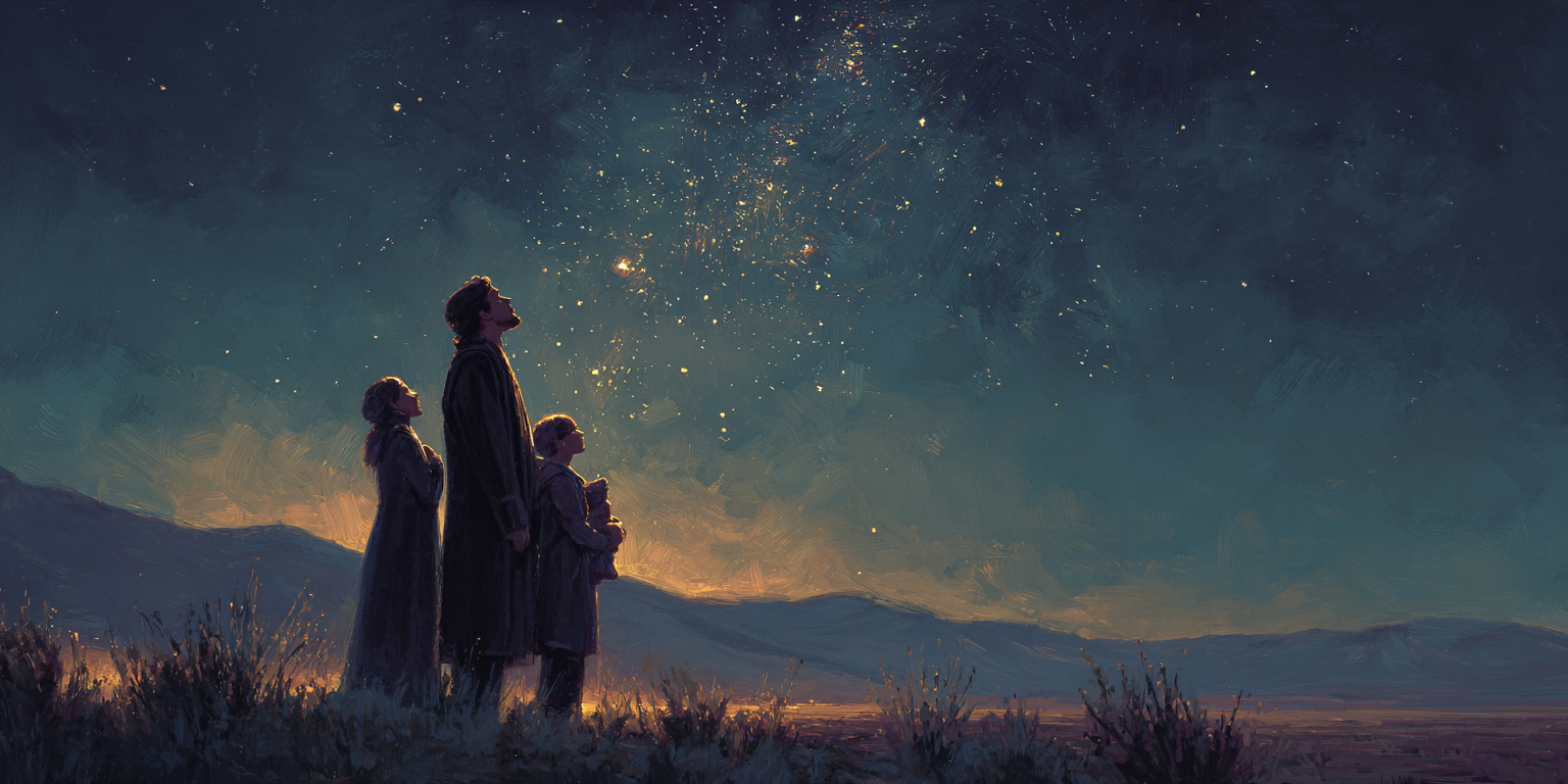 A family stands beneath a star-filled sky with distant mysterious lights, evoking aliens and religion through wonder, creation, and cosmic scale.