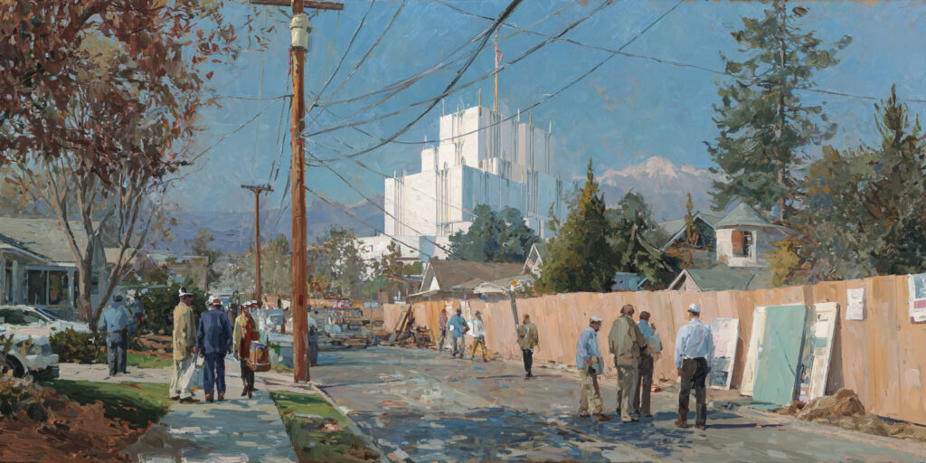The Fairview Texas Temple rises behind a suburban street as officials stand near the construction fence.