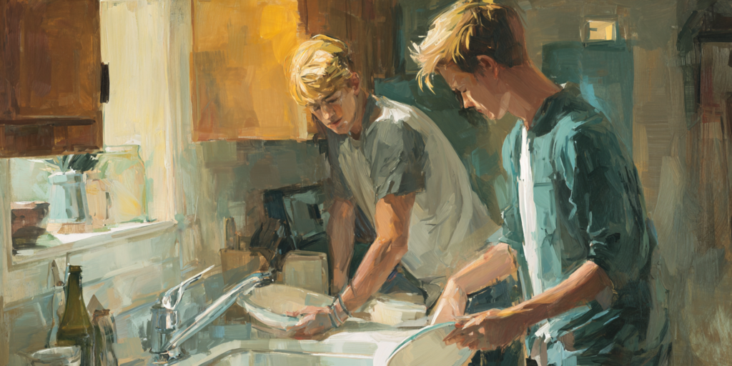 Two young male roommates stand at a kitchen sink, one carefully washing a dish while the other carelessly drops one in, suggesting self-report bias and conflicting motives.